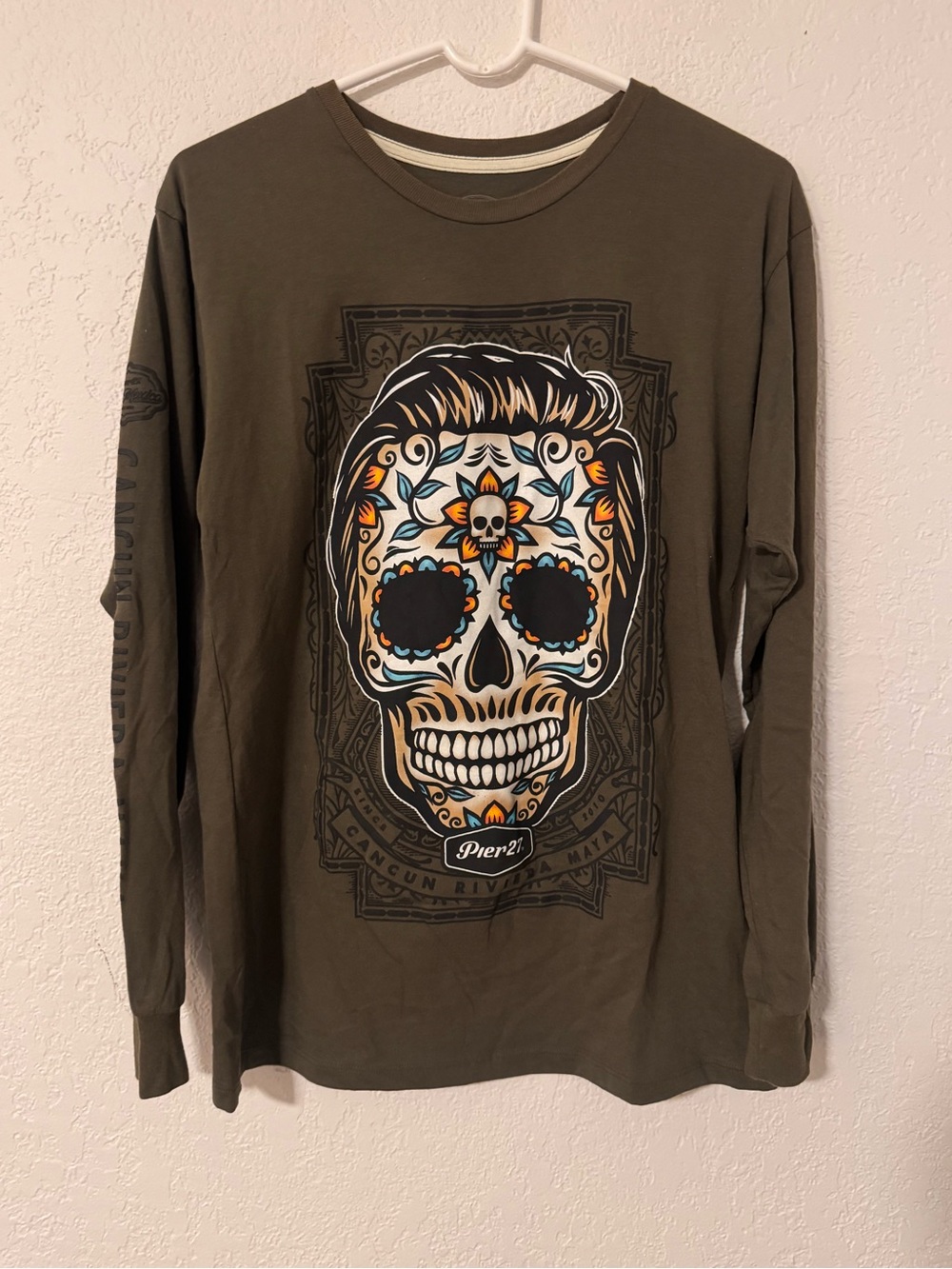 Pier 1 Olive Green Long Sleeve Tee with Multicolor Sugar Skull